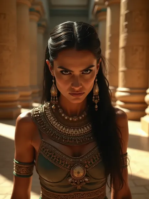 Beautiful Egyptian woman in egyptian temple, angry and furious, hight detail face, cinematic styl, hd kvality