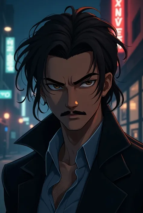 2D, anime, man, 30 years, detective, moustache, long hair, sexy.