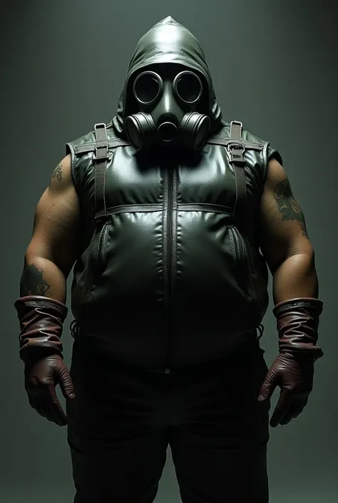 a fat man with a latex vest on, with a gas mask hood on, with super thick rubber gloves cuffed onto his arms. 