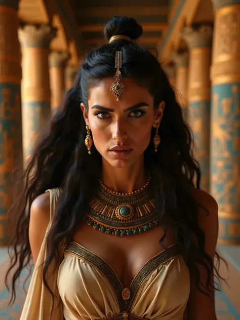 Beautiful Egyptian woman in egyptian temple, angry and furious, hight detail face, cinematic styl, hd kvality