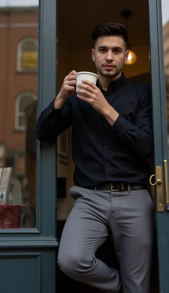 Full body male in dark casual shirt and grey pants coffee cup, positioned in doorway. Shallow depth of field, soft background blur. Contemporary urban setting, brownstone buildings reflected in windows. Lifestyle photography style