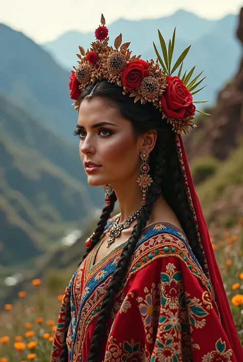 a woman wearing a traditional Peruvian cantuta flower dress, beautiful detailed eyes, beautiful detailed lips, extremely detailed face and skin, long eyelashes, dramatic lighting, vivid colors, detailed cultural patterns and embroidery, ornate headdress, s...