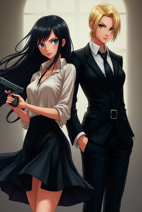  to create a 19-year-old female character from a one piece anime style , She has long black hair , She has blue eyes and she has a pistol in her hands and she wears a skirt and a stylish blouse she stands next to a blond character with hair covering her le...