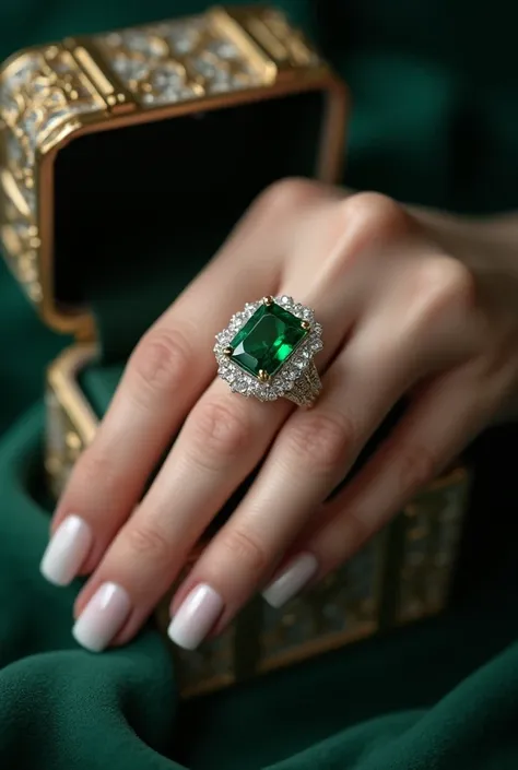 A womans hand with a white gold ring with a large green gem surrounded by diamonds kept in a velvety white gold chest 