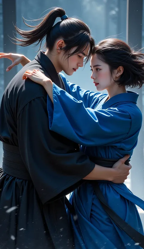 1boy and 1girl, original, original, 20-year-old man with a ponytail in a black kimono, shielding his  sister with a bob cut, wearing a blue kimono, protective stance, intense and focused expression, dynamic scene, blocking an attack, traditional Japanese s...