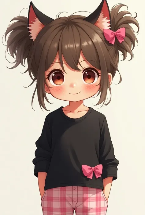 A girl with messy brown buns  and cat ears with a pink bow on them and whiskers and a black shirt with a pink bow onthe side with the shirt and light pink plaid pajama pants with white 