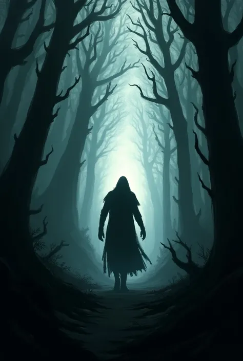 A silhouette of a person crossing a forest full of other evil silhouettes closer to a good one looking for the other good loss 