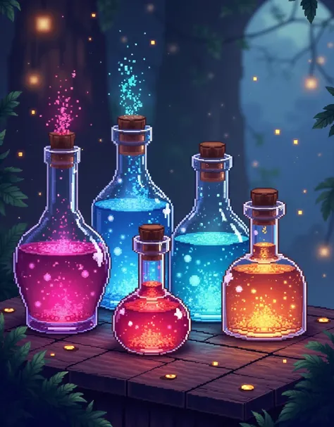 a (((pixel art))) potion collection, health potion, mana potion, stamina potion, glowing softly, detailed pixel art, pixelated, vibrant colors, 8k, intricate details, volumetric lighting, dramatic shadows, fantasy, magical, whimsical, beautifully rendered