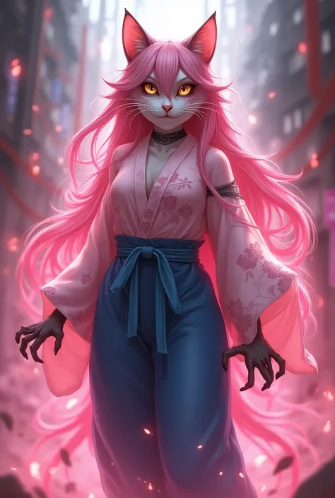 A light pink-toned, anthropomorphic cat wearing a pink kimono with flower patterns, and blue hakama pants depicted in an RPG Fantasy Fictional style, and with a tall, toned, but LEAN female figure. Has long, pink, untamed, wild hair. Mythical beast. Magica...