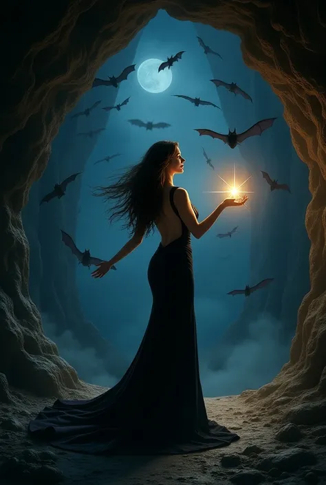 A beautiful woman, curvy, dark brown hair, holding a star in her hand, wearing black long dress standing at the exit of a cave filled with bats and bats flying around her. She is seeing  the dark night sky with the north star to guide her way out. In her r...