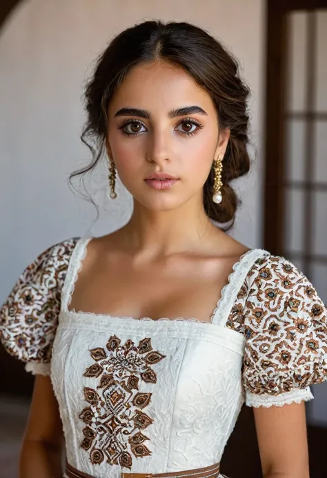 A photo of a beautiful Spaniard girl. Large brown eyes. Round full face and body. A modern fashionista dress traditional and conservative. Very soft features.