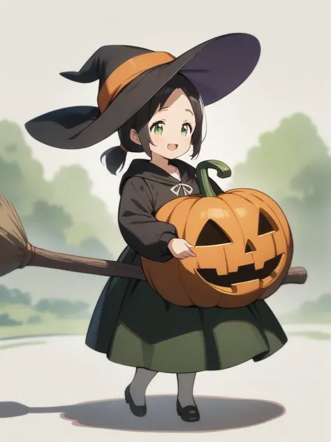 1girl, wearing hat shaped pumpkin-head, wearing black hooded robe, witchs broom in hand, smile, open mouth, closed eyes, (full body),   DECOchan_v2, , anime style, middle part, (forehead:0.5), hair tied back tightly, middle ponytail, flat hair, black hair,...