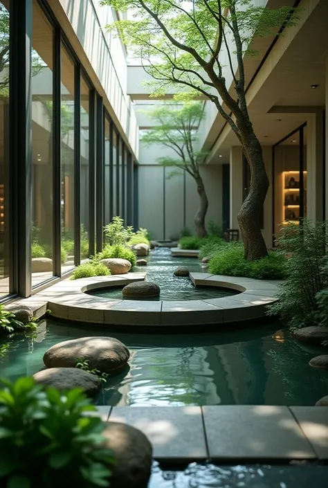 Give me an image of a small round circular pond on the internal floor that spreads into the store in small branched veins of water
inside a very small store with enclosed urban glass walls 