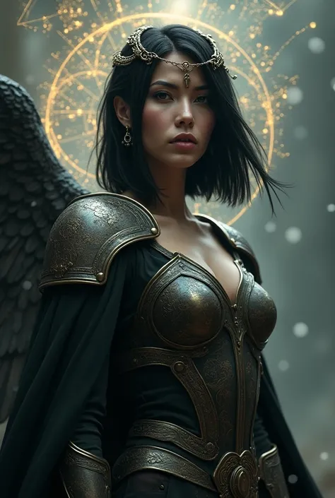 A woman dressed as a Valkyrie , who has short shoulder-length hair that is black and straight, without bangs and with astronomical and astrological symbols and icons around
