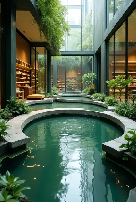 Give me an image of a small round circular pond on the internal floor that spreads into the store in small branched water rises
inside a very small store with enclosed urban glass walls 