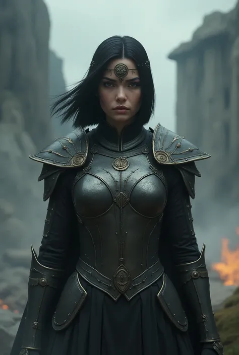 A woman dressed as a Valkyrie , who has short shoulder-length hair that is black and straight, without bangs and with astronomical symbols 
