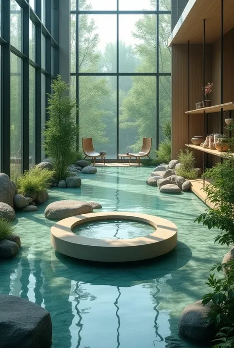 Give me an image of a single small round circular pond on the internal floor that spreads into the store in small branched water springs
inside a very small store with enclosed urban glass walls 
Small branches coming out of the water like lines through th...