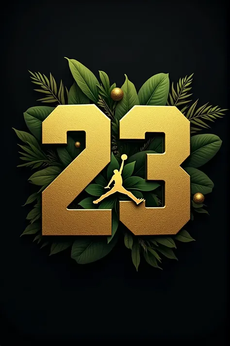 A black t-shirt with the number 23 in gold in the center and the Jordan logo in the middle of 23 in green flowers 