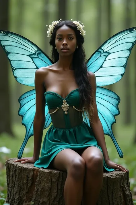 ebony, Portrait of a busty ebony and beautiful fairy、It has light blue, translucent butterfly wings.、ebony、mini skirt:1.5、Sitting on a big tree stump in the forest、Portrait of a busty elegant and beautiful fairy、She is in harmony with nature、It has a fairy...