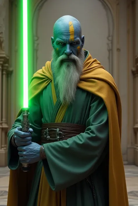 Male Jedi, Old Republic Jedi Robes, Christian Bales Face, Green Lightsaber, Yellow Face Tattoos, Blue Skin, Green Eyes, High Quality