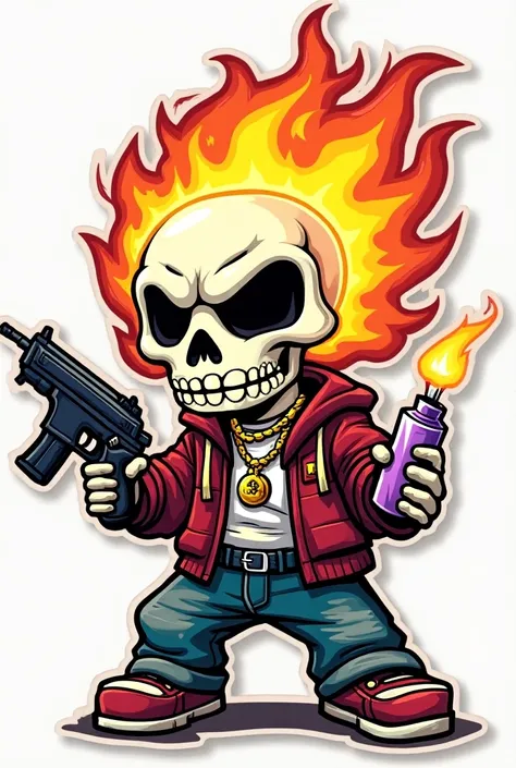 a cartoon sticker of a flaming skull head boy with a short gun and a lighter, puffy sticker, crips, thug life, die cut sticker, die cut sticker, sticker - art, more dope, stickers, gangsta rap, design sticker, purple drink, sticker with illustration, drip,...