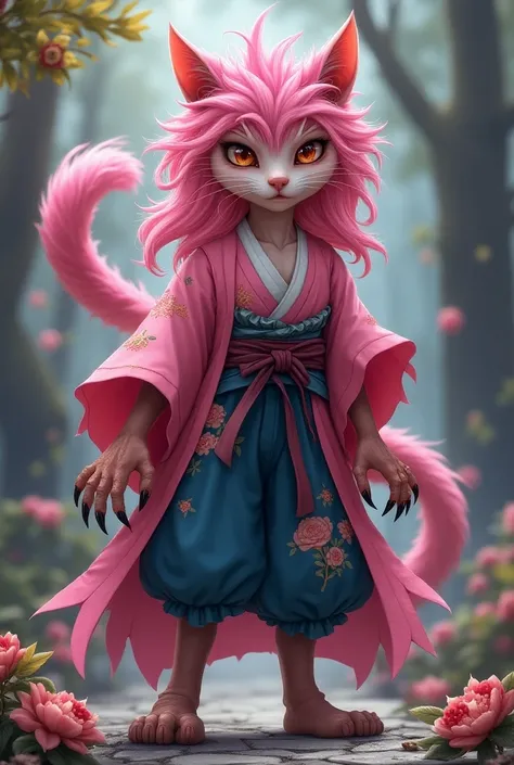 A light pink-toned, anthropomorphic cat wearing a pink kimono with flower patterns, and blue hakama pants depicted in an RPG Fantasy Fictional style, and with a tall, lean feline figure. Has long, pink, untamed, wild hair. Mythical beast. Magical, pink fir...