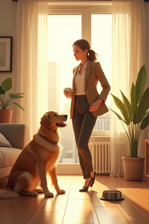  Morning light streams through the window of a modern apartment. Emily, a young professional, is rushing around getting ready for work. Max, her golden 
retriever, waits eagerly near his empty food bow