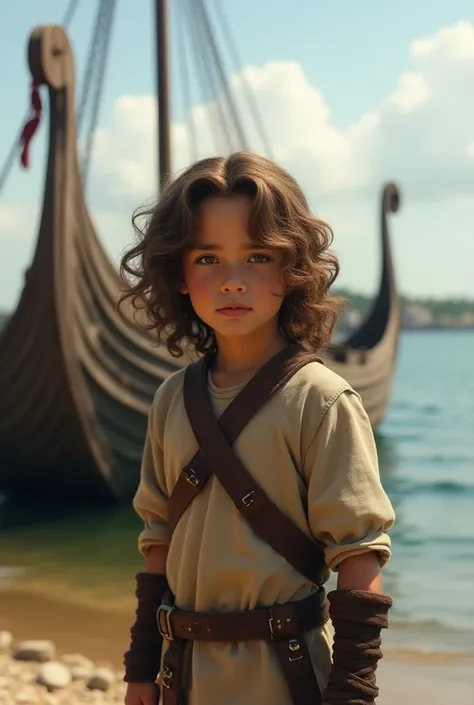  Viking boy .  brown-haired , Long and curly.  Wearing light earthy voupar .  In front of a Viking boat on a spring day