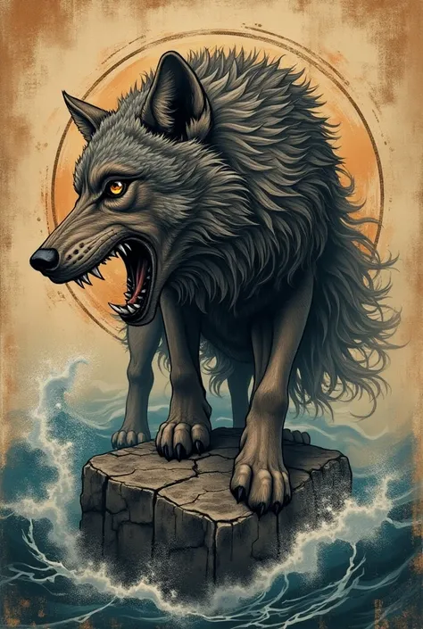 Create a tattoo of a growling wolf with the eye of Orus and combine with the weather background can be a stone in the sea 