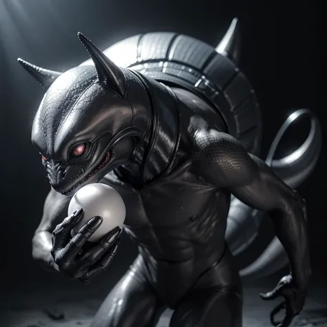 Four-legged alien ,  gray skin with black scales ,  head without eyes and metallic skin with sharp teeth,  four-fingered ,  tail with a metallic ball .  rocky background with fog  