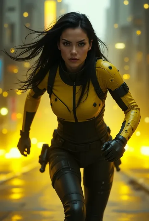 yellow cyberpunk speed tactical suit:1) (1woman) dark theme :: focus on closeup face, serious face, cibetic visor, :: medium black hair, thick thighs :: ultra realistic futuristic speedster scifi cyberpunk athletic woman, black eyes, ((running in the middl...