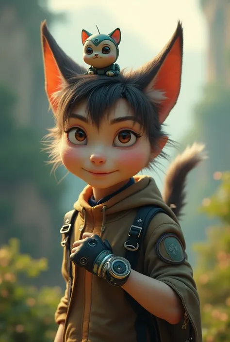 Generate a cute character named Kai , , half , half creature with feline ears, with a persistent look .  On his wrist should appear a futuristic bracelet and above his shoulder a small drone with a friendly face.