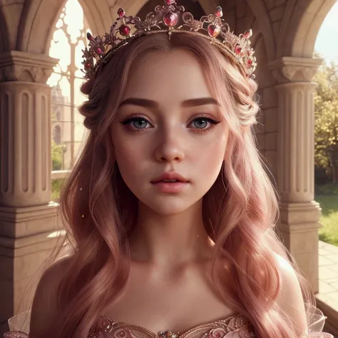 a beautiful princess, 1girl, detailed beautiful face, large realistic eyes, long eyelashes, rosy cheeks, full lips, intricate crown, long flowing hair, elegant dress, fairy tale castle, dreamy landscape, sunlight, warm color tones, cinematic lighting, deta...