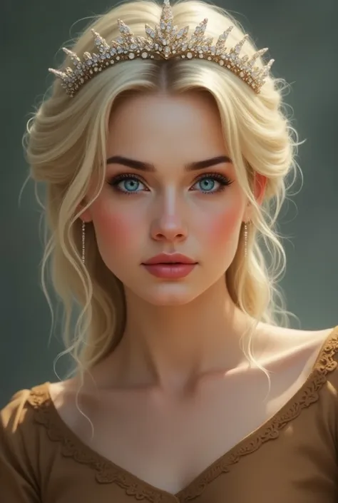 Blue-eyed woman with very light blond hair with a white tiara on her head, hair tied on her side and brown top