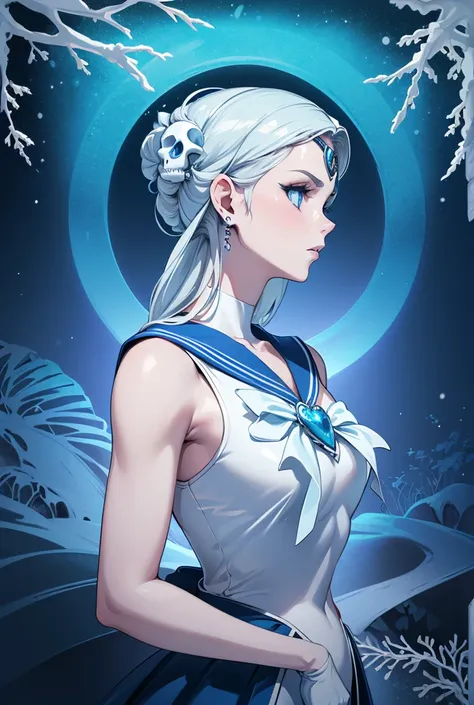 ((best quality)), ((official art)), ((masterpiece)), textile shading, ((ultra-detailed)), solo, full color, (1girl, solo, bssmsuperoutfit, circlet, white leotard,,blue sailor collar, sleeveless, heart brooch, miniskirt, white gloves, hairstyle, hairlength ...