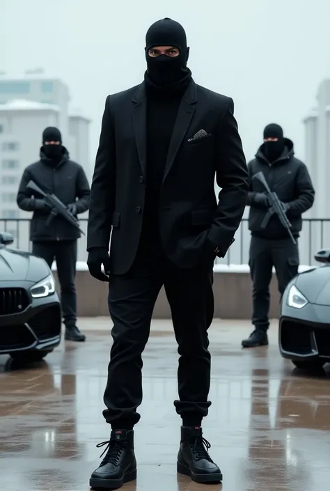 A man on the terrace in black pants, black jacket, air force 1 negros , sexy, manly,
 and balaclavas negrs, winter. Safe house. luxury cars, Two armed bodyguards behind him 
 

