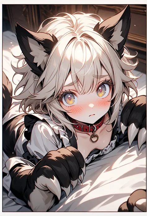 solo, female, close up, short female, dog girl, large dog ears, dog tail, border collie, stout build, furred claws, paw hands, Brown-white hair, short messy hair, Hazel eyes, thick eyelashes, large eyes, maid outfit, collar, mansion, undressing, on bed, sh...