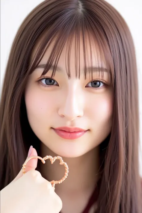 (((Making a heart shape with hands:10.5,  smile:2.1)))、 (RAW Photos、8k、32K、masterpiece、Realistic、  photoreal:1.37)、Cute Japanese women images、Photographed in natural light、  upper body、 1 girl、Photo Mapping、 Physically Based Rendering、Excellent image quali...