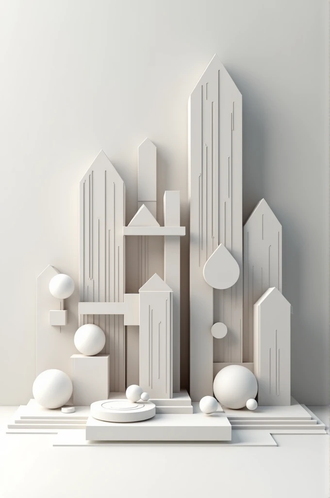 An architectural composition with cubes, prisms, pyramids and spheres or ovals.
