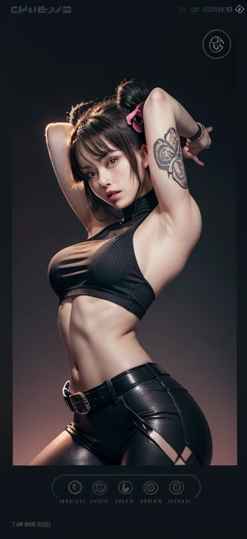 Anime girl inspired by Chun-Li, with her hair gathered in the iconic two buns with ribbons. She wears a ripped black top with a striking design, his arms raised, showing beads of sweat in the armpits. He has no intricate tattoos on his arm and a belt with ...