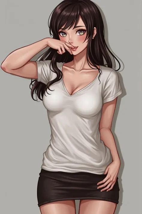 1 girl,  big breasts,clothes in the mouth,  cleavage , belly button, t-shirt, ((GOOD)),clothes elevator, Shirt in the mouth, skirt, lying, full body,sexy body,session