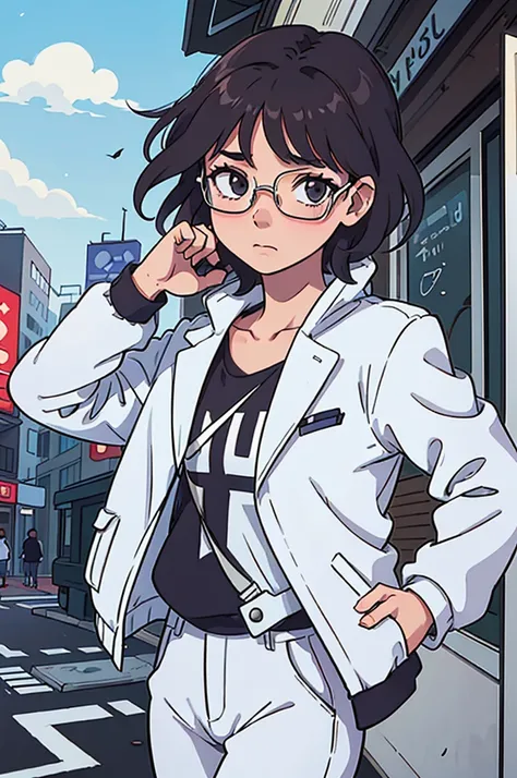 ( best quality :0.8) perfect anime illustration , Enough,  girl with short curly brown hair outside in the city. Wearing a white suit , dark sun safety glasses and white pants 