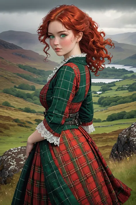 A full-body image of a beautiful and voluptuous young Scottish woman with fiery red curls cascading over her shoulders. Her round face has soft, rosy features, and her green eyes sparkle with liveliness. She wears a traditional Scottish tartan dress, moder...