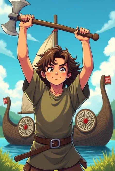  manga drawing of a  Viking boy. long hair, brown and curly. Wearing clothes in light earthy tones .  in front of a Viking boat with Viking shields on its side on a summer day. The boy is holding an axe above his head and smiling .