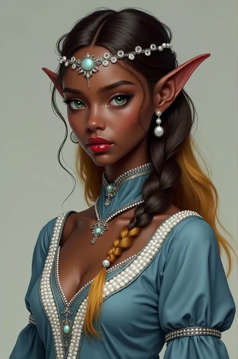 Create an elf , Noble, black,  wearing a modern light blue and dark blue ,  with pearl and silver details ,  using pearl jewelry and a forehead crown ,  medieval dress whose hair is half tied in a braid with a brown root and from the middle to the end blon...