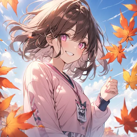 good looking, Alone, 1 female,  medium hair, Dark brown hair, Pink highlights on the tips,  pink eyes ,blue sky,autumn leaves,Smile Face，V-neck long sleeves，sports