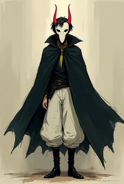 A man with black hair and yellow tips in short size/half,a large cape with a torn campus ,white puffed pants and black leather in the Hollow Knight line in a drawing,He wears a flat mask in white with two red horns .