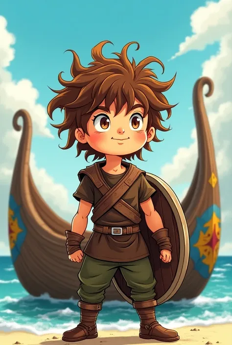 Manga cartoon of a  Viking boy . long hair, brown and curly. Wearing clothes in light earthy tones .  In front of a Viking boat with Viking shields on its side on a summer day. The boy is holding a Viking shield and smiling.