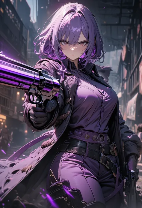 masterpiece, 8k, best quality, highly detailed, a human female gunslinger wielding a revolver made of toxic purple metal