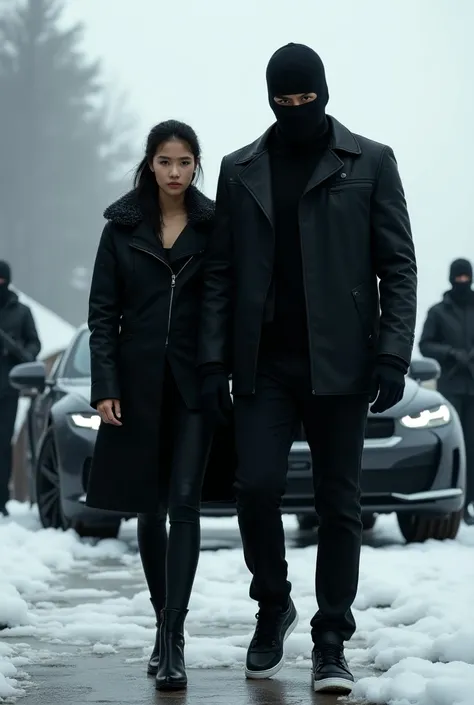 A man on the terrace wearing black pants, black jacket, black Air Force 1, sexy, masculine,
 and black balaclava, with a beautiful Asian woman by his side. Winter. Safe house. Luxury cars, two armed bodyguards in the background. 
 